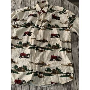 Mens Tan Short Sleeve  Shirt Button Up Size Medium Farm Work Print‎ Tractor
